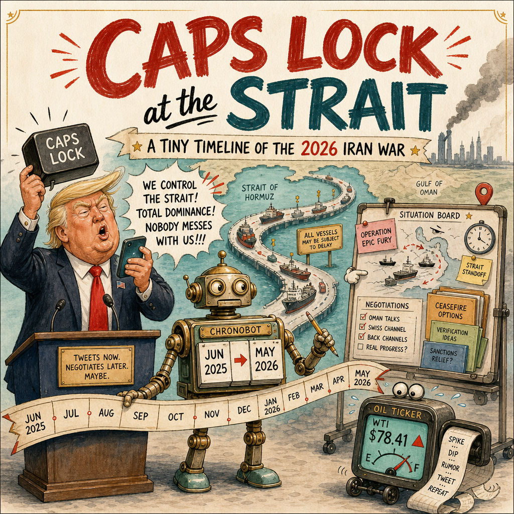 Caps Lock at the Strait: A Tiny Timeline of the 2026 Iran War cover